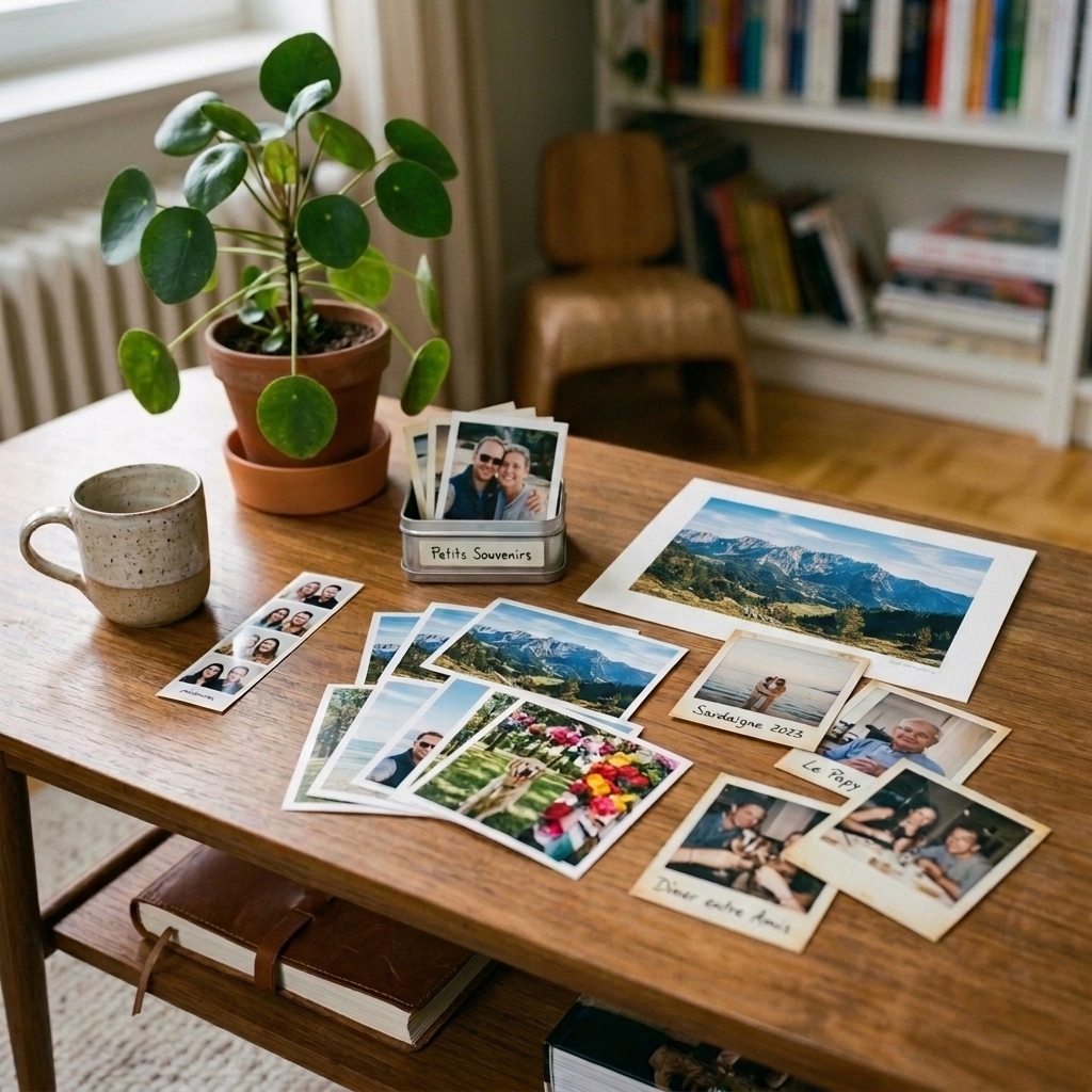 tirages posés sur une table basse de salon